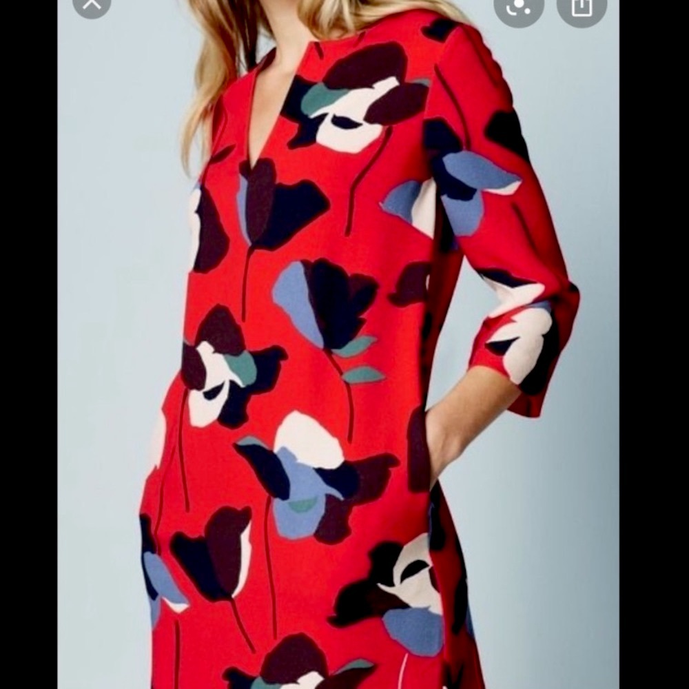 Boden Red Floral Midi Dress with Multicolor Blooms